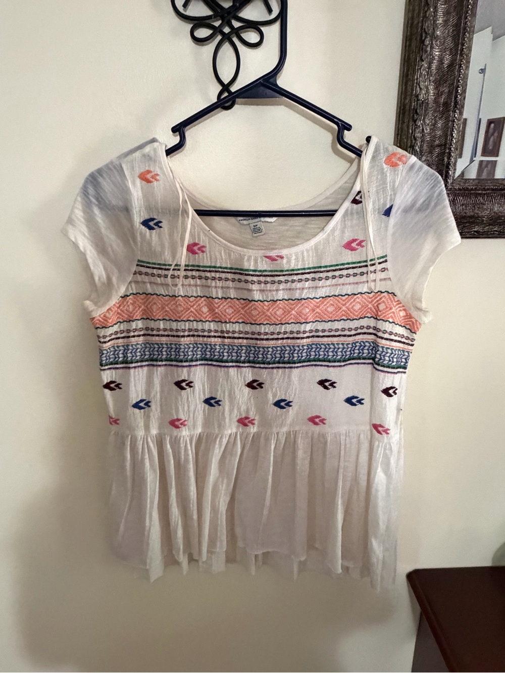 American Eagle Outfitters White Peplum Tunic with Multicolor Embroidery